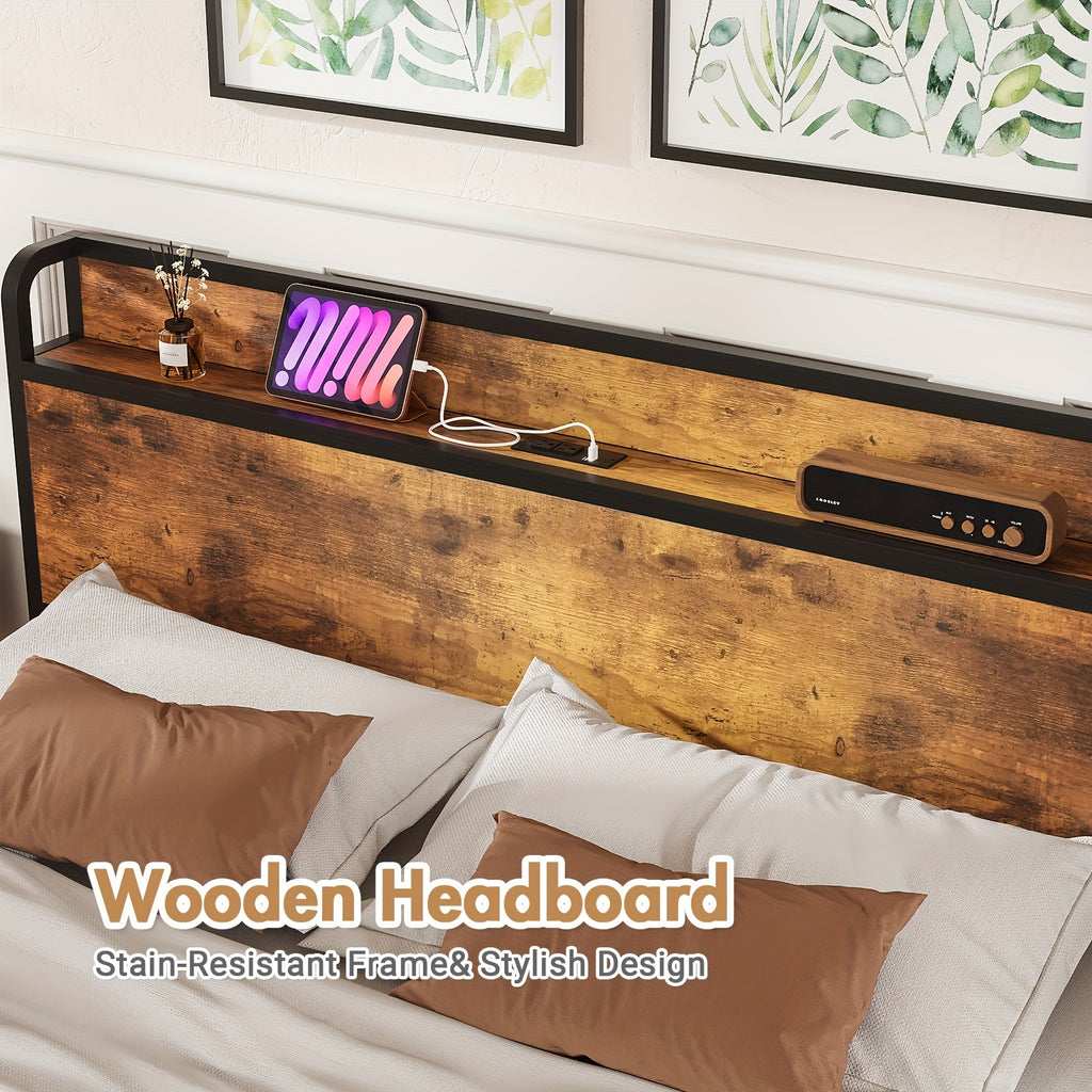 Wooden headboard with electronic devices on a bed, featuring 'Wooden Headboard' text.