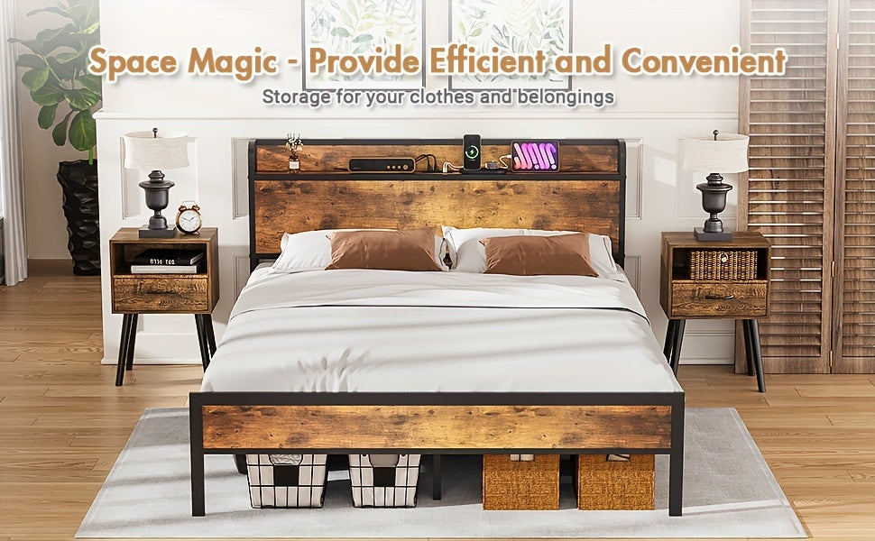 Wooden bed with storage baskets in a bedroom setting, featuring text about efficient storage.