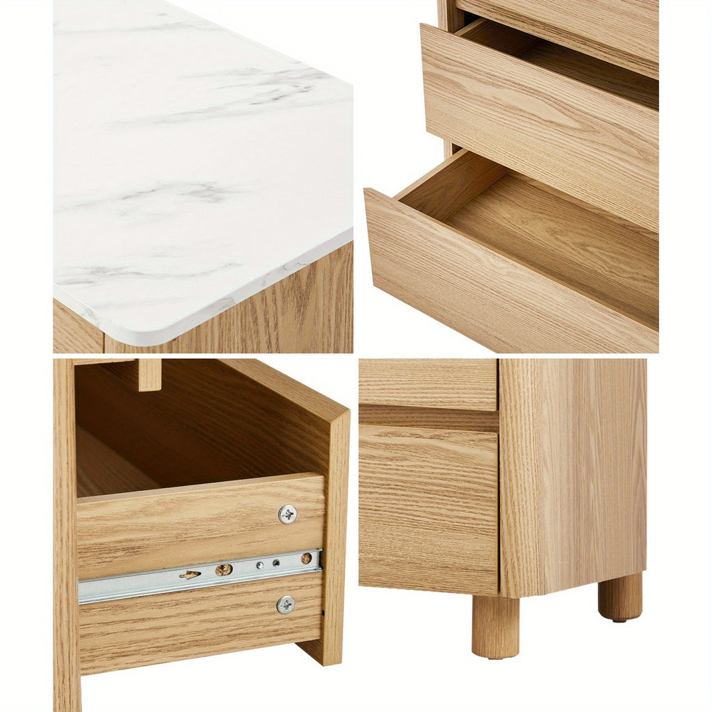 4‑Drawer Modern Chest – White & Natural Wood with Faux Marble Top