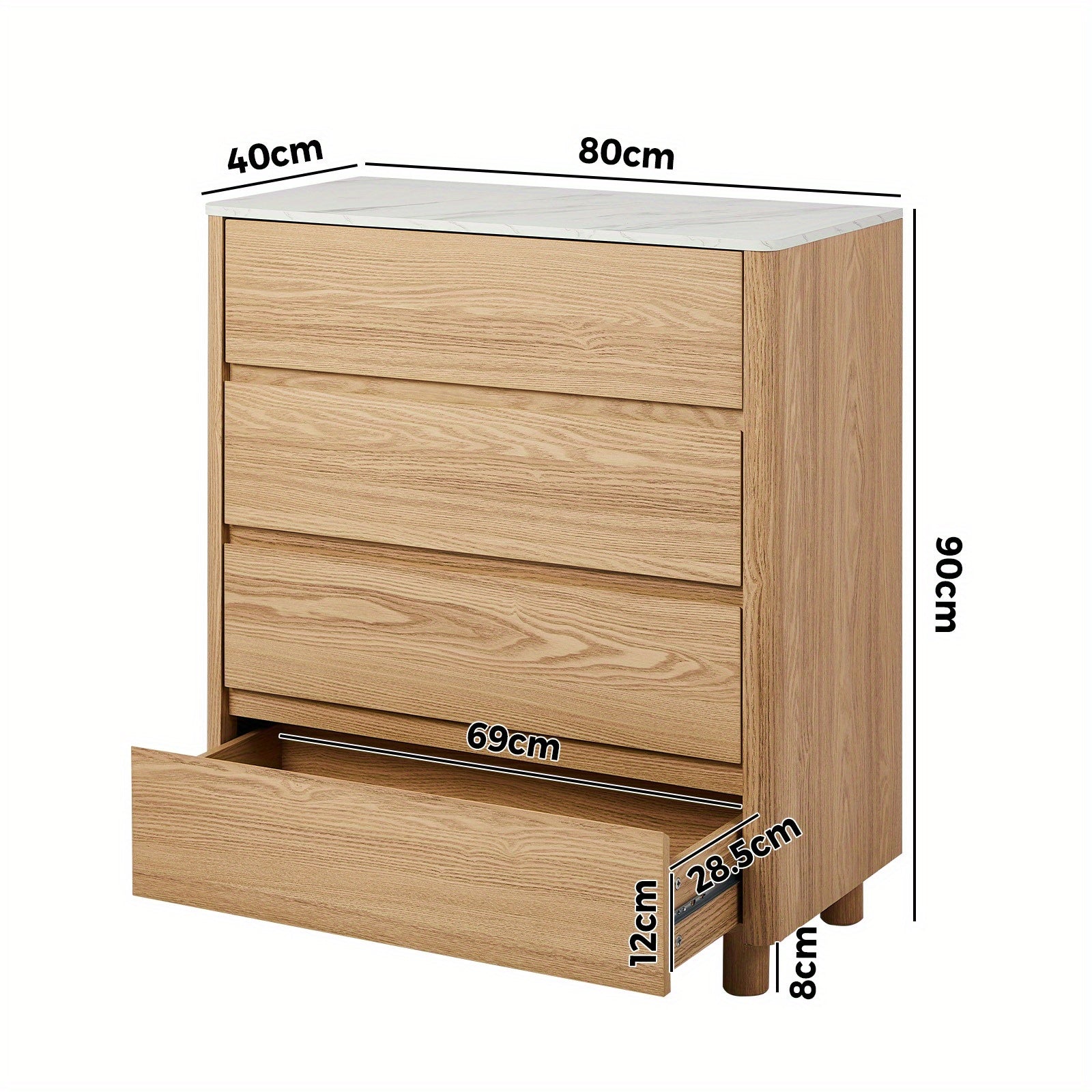 4‑Drawer Modern Chest – White & Natural Wood with Faux Marble Top