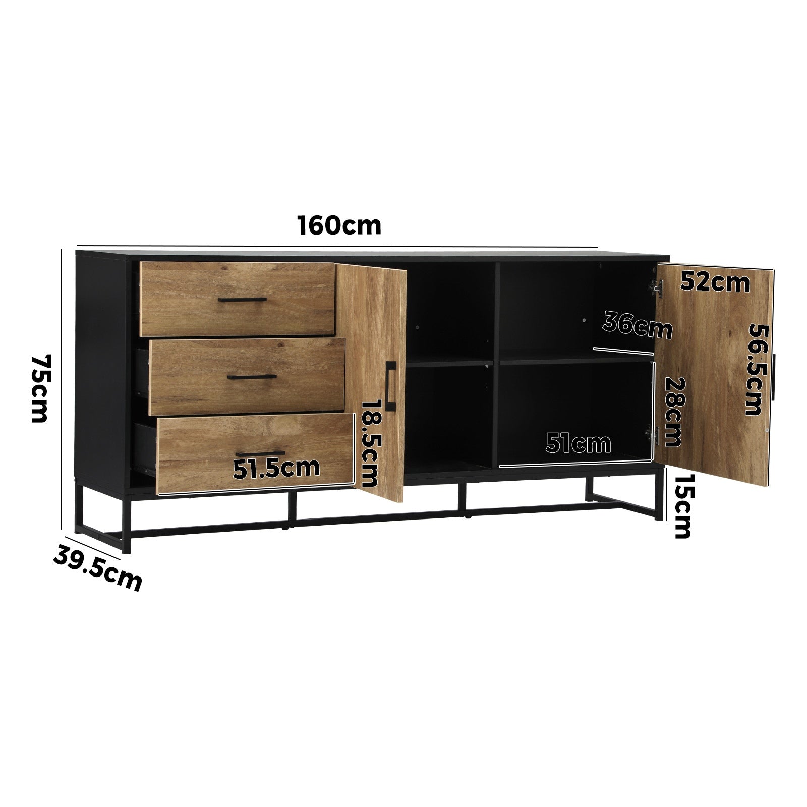 Modern Buffet Sideboard Cabinet with 3 Drawers & 2 Doors