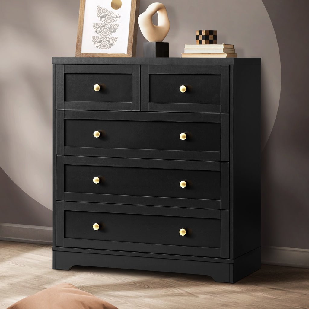 5‑Drawer Modern Chest – Black with Gold Accents