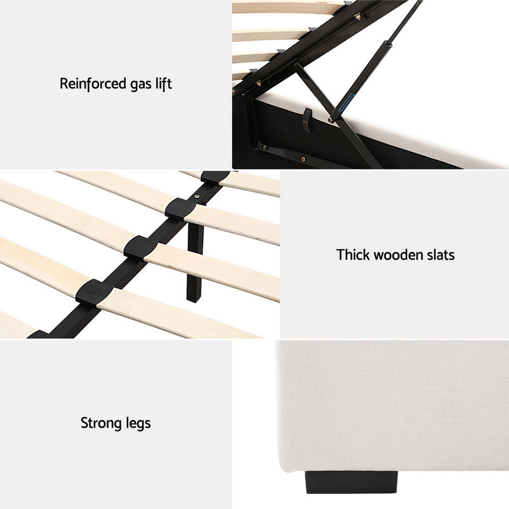 Bed frame components with labels for reinforced gas lift, thick wooden slats, and strong legs.