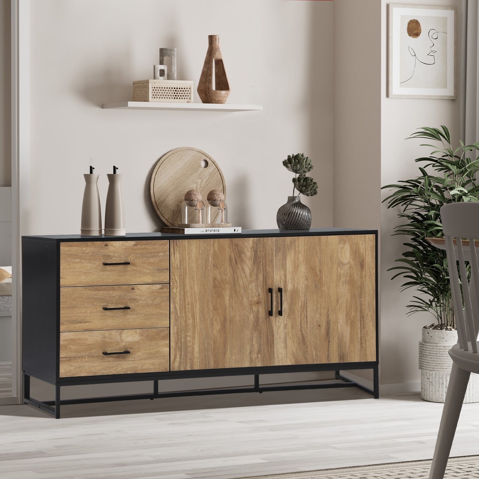 Modern Buffet Sideboard Cabinet with 3 Drawers & 2 Doors