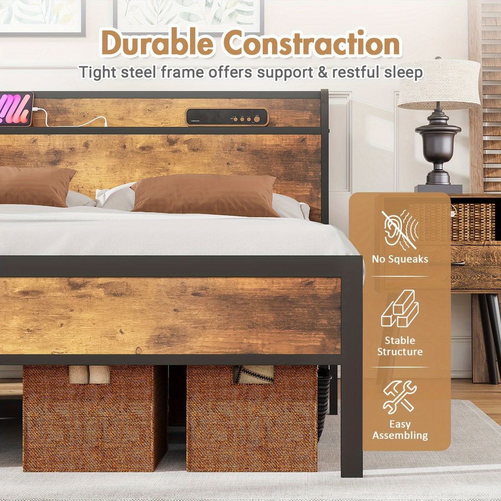 Wooden bed frame with metal support in a bedroom setting, featuring durable construction text and icons.