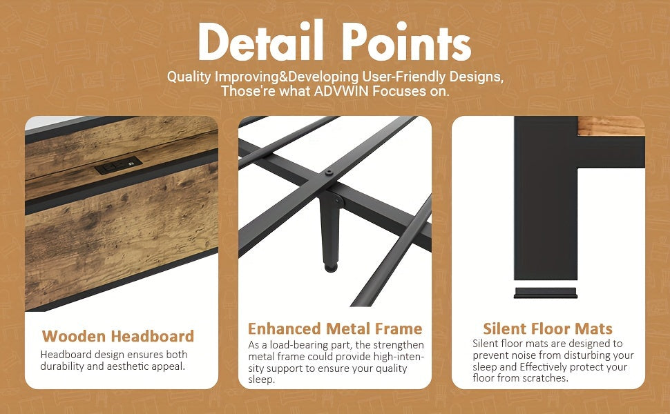 ADWIN product features including wooden headboard, enhanced metal frame, and silent floor mats on a brown background.