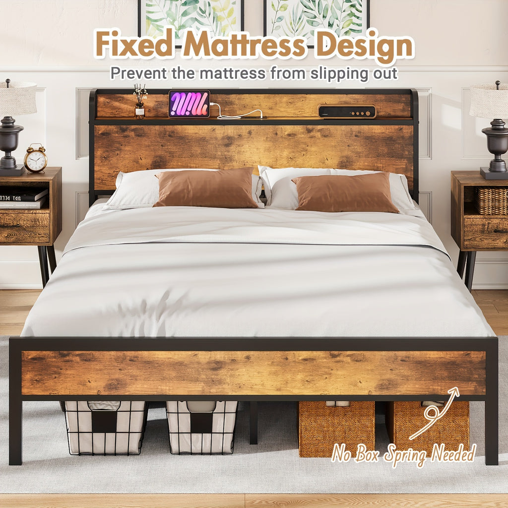 Wooden bed frame with mattress and pillows in a bedroom setting