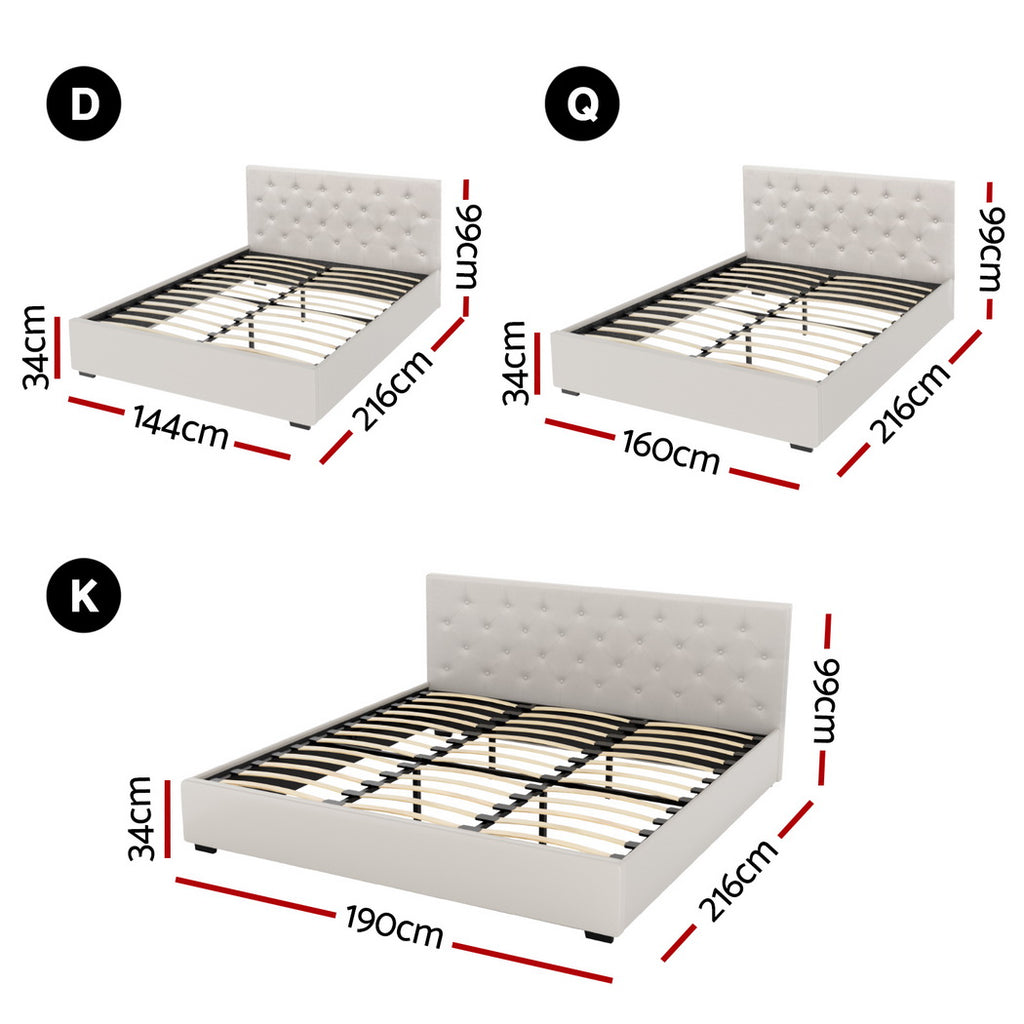 Dimensions of a white bed frame with measurements in centimeters.