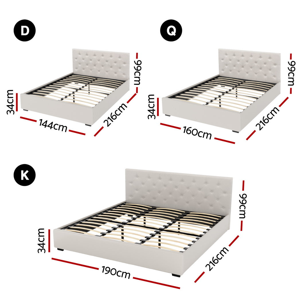Dimensions of a white bed frame with measurements in centimeters.