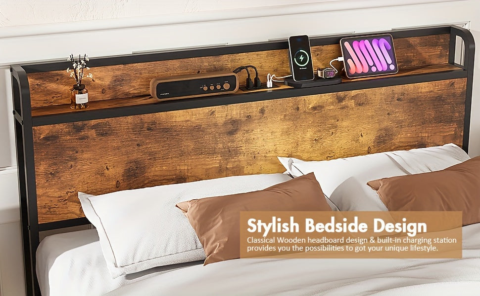 Wooden headboard with charging station and electronic devices on a bed.