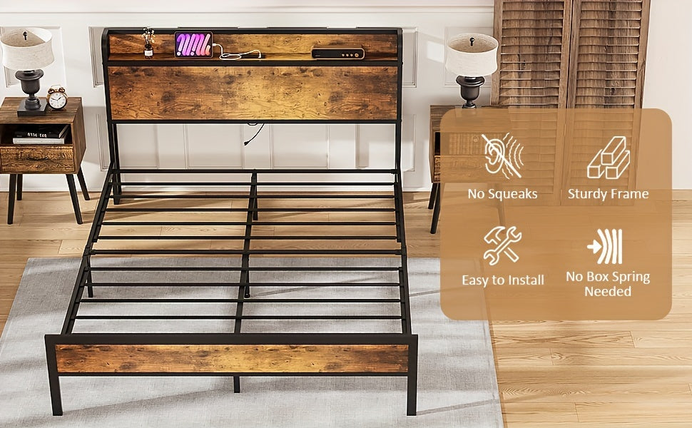 Wooden bed frame with metal support and nightstands in a room setting, featuring product features on a wooden board.