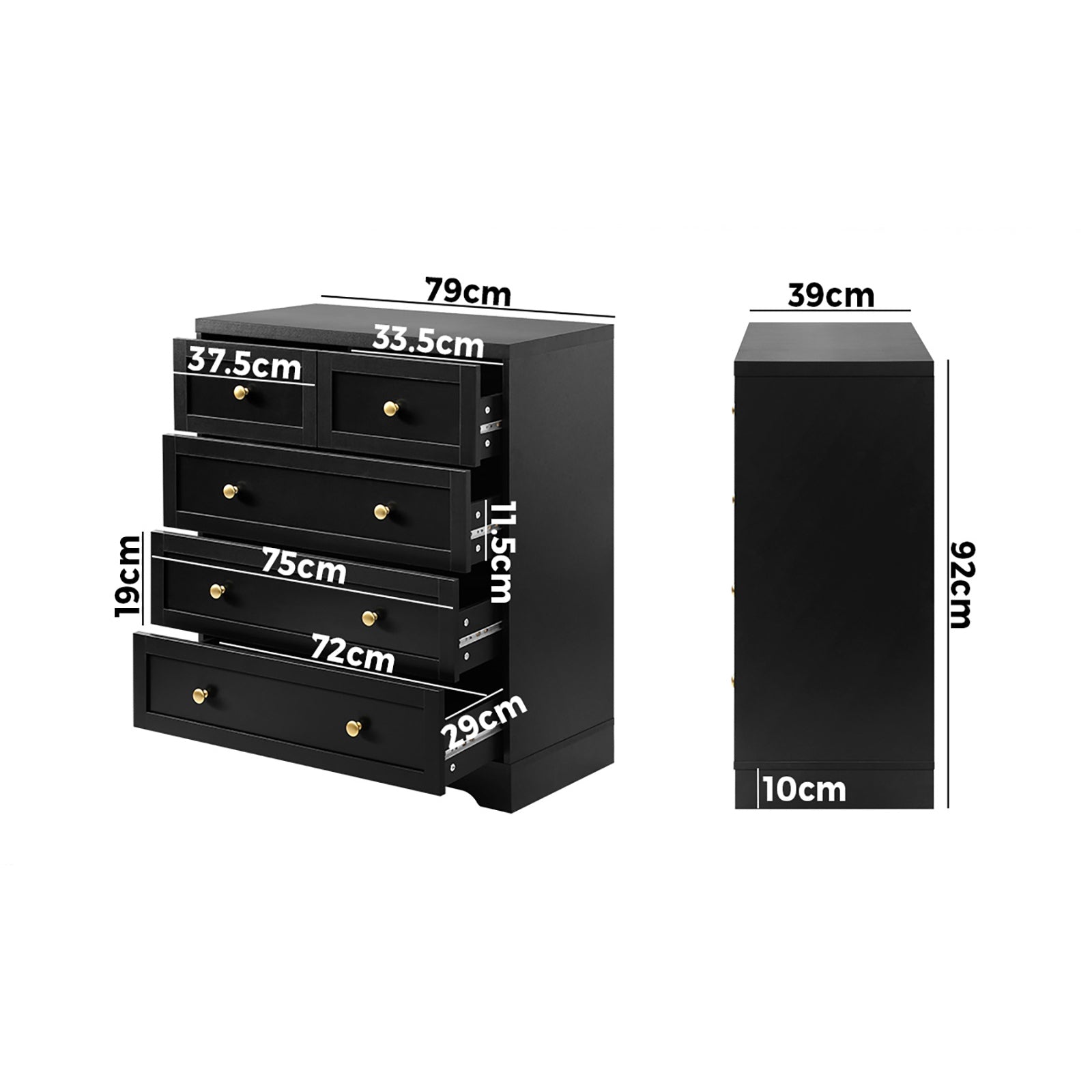 5‑Drawer Modern Chest – Black with Gold Accents