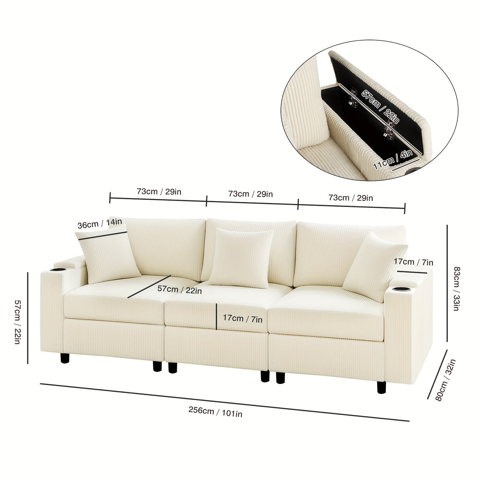3 Seaters Sofa Couch with Storage Armrests and cup holders