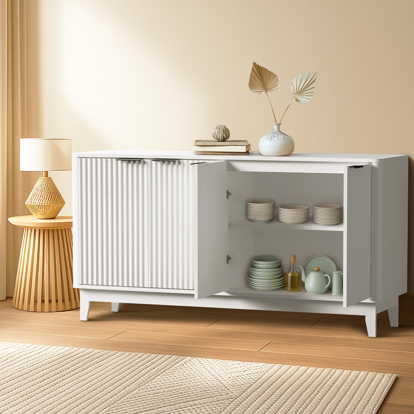 4‑Door Modern Sideboard – White or Natural Wood