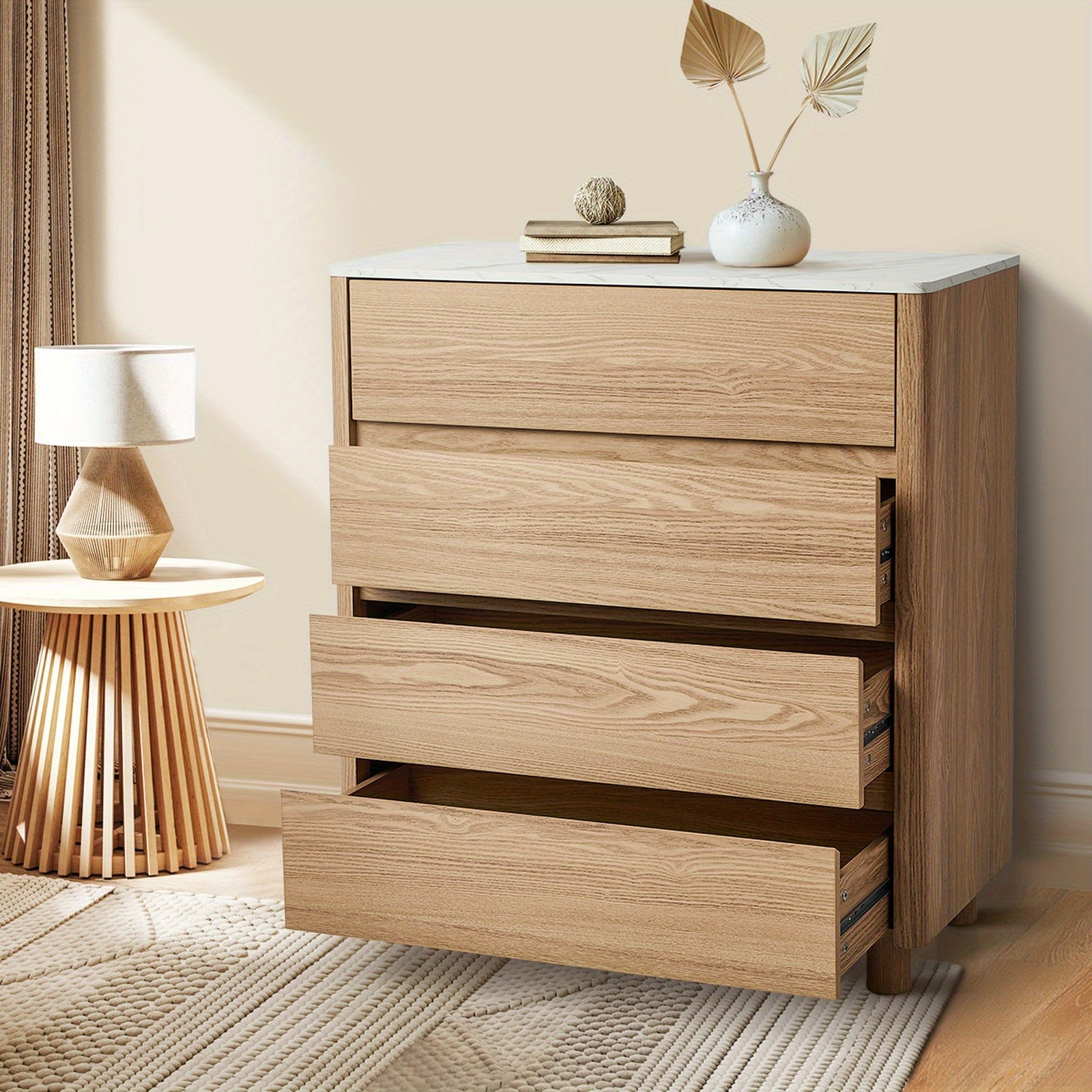 4‑Drawer Modern Chest – White & Natural Wood with Faux Marble Top