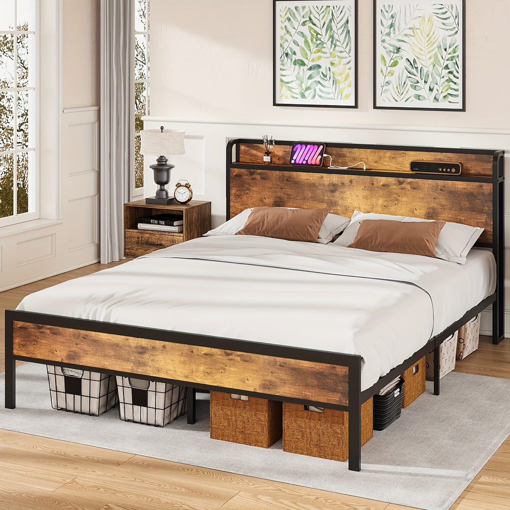 Wooden bed frame with storage drawers in a bedroom setting