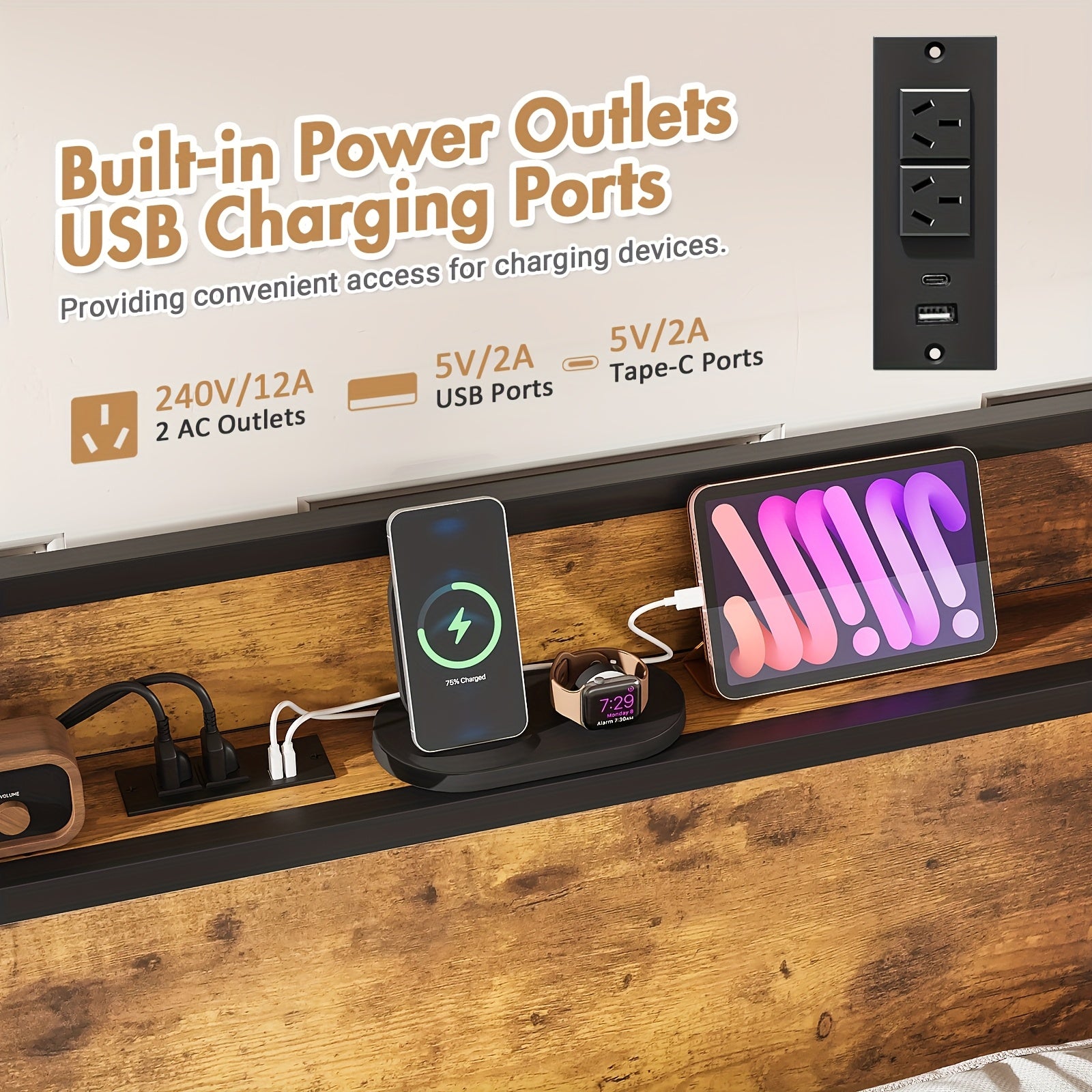 Wooden desk with built-in power outlets and USB charging ports, displaying electronic devices.